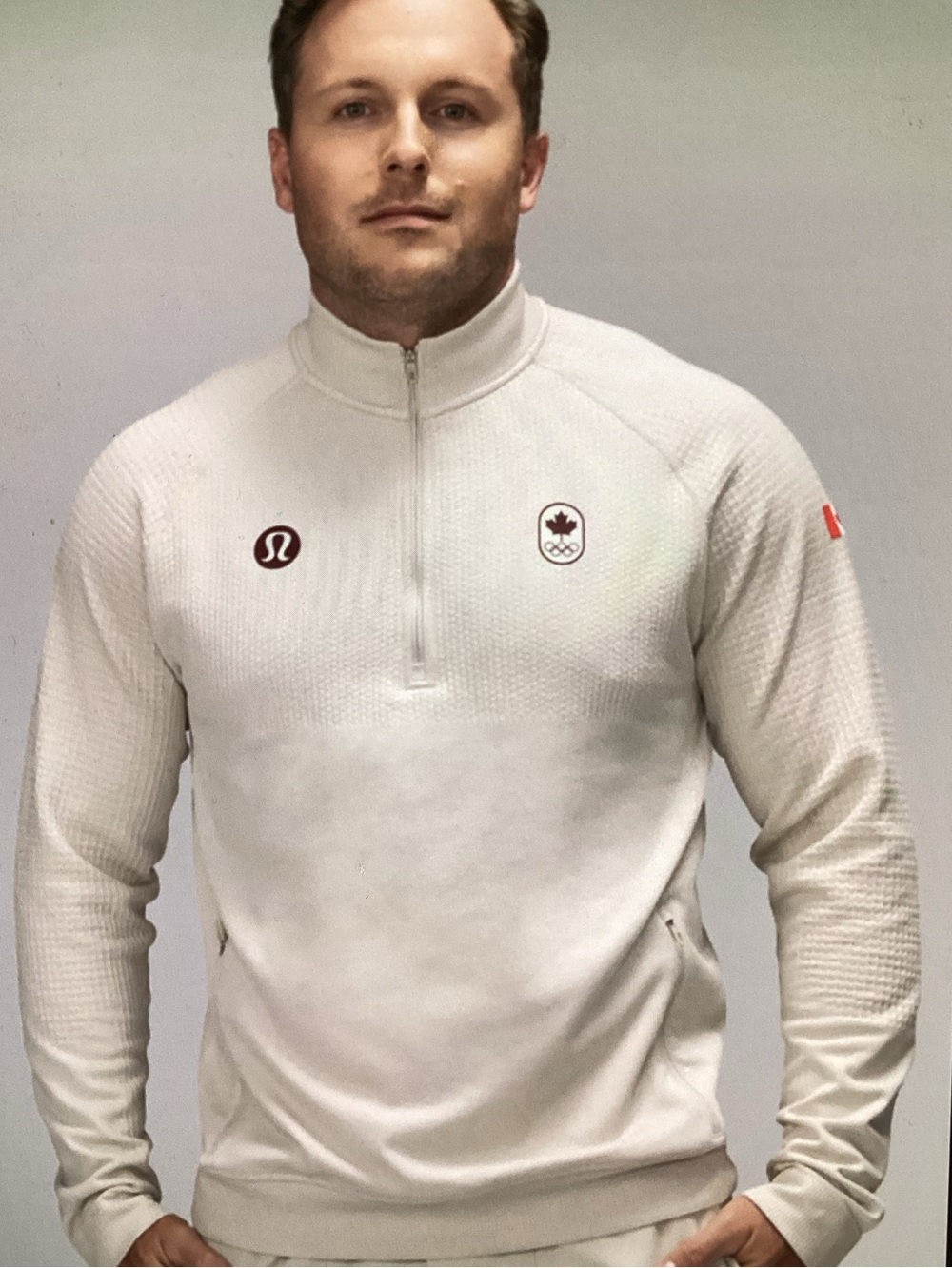 Lululemon Men's Team Canada Olympic Edition Engineered Half-Zip in Tan colour.